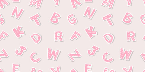 Pattern with cute hand drawn Latin alphabet for nursery decor for girls. Good for posters, prints, cards, stickers, fonts, etc. Pink letters in  scandinavian style. Boho vector print