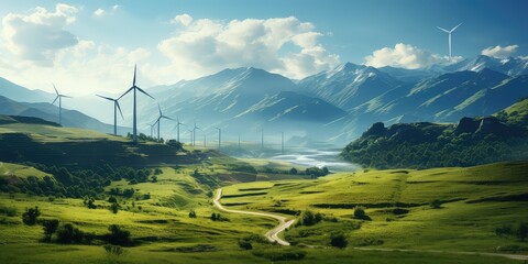 Widok na turbiny wiatrowe na pięknych zielonych polach.  - obrazy, fototapety, plakaty