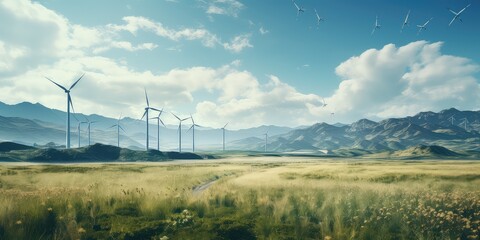 Widok na turbiny wiatrowe na pięknych zielonych polach. 