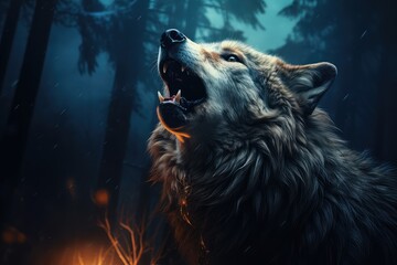 Wilk wyjący do księżyca w lesie nocą. 