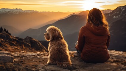Kobieta z psem podziwiająca wschód słońca w górach.  - obrazy, fototapety, plakaty