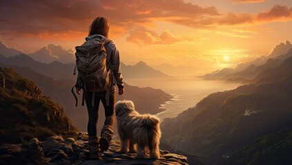 Dziewczyna z psem podziwiająca górski krajobraz