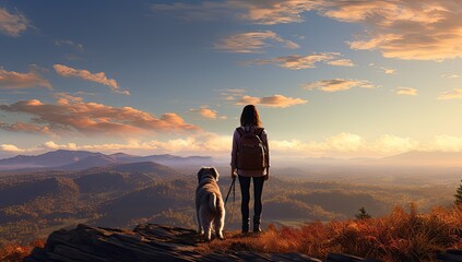 Dziewczyna z psem podziwiająca górski krajobraz - obrazy, fototapety, plakaty