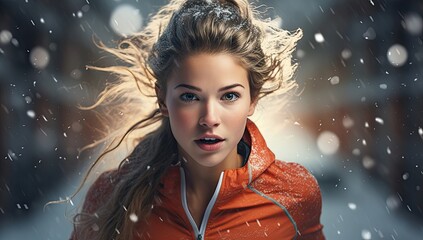 Piękna kobieta biegająca zimą ze śniegiem spadającym z nieba.  - obrazy, fototapety, plakaty