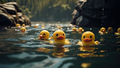 Gumowe żółte kaczki pływające po wodzie.  - obrazy, fototapety, plakaty
