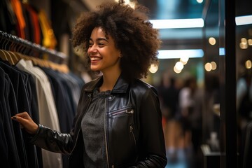 Piękna dziewczyna z afro na zakupach w sklepie z ubraniami. 