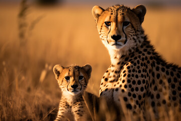 Lovely cheetah family, mother with a cheetah cub sitting looking at the camera, in savanna...