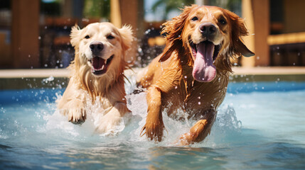 Two cute Golden retriever dogs enjoy playing in pet friendly hotel swimming pool on vacation.