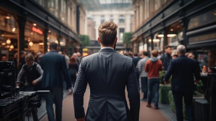 Fototapeta premium business man, back view, in the office, skyline view