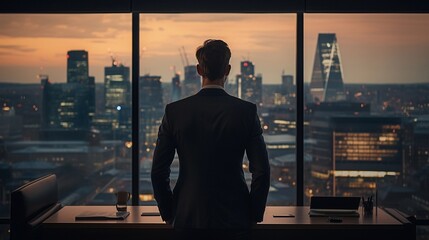 Fototapeta na wymiar business man, back view, in the office, skyline view