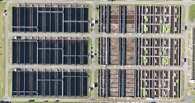 Aerial droen view on a water sewage treatment plant.