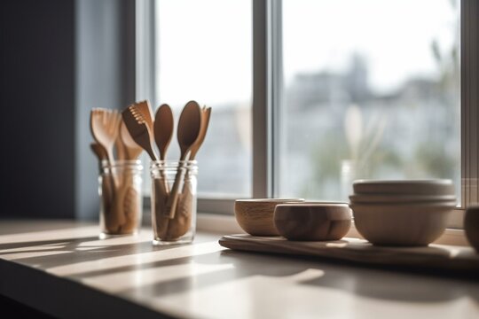 Kitchen Utensils On Wooden Counter Bar With Window View Background. Ideal Backdrop For House Interior. Generative AI