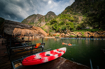 Tha Farang, a tourist attraction for swimming, eating, and relaxing surrounded by limestone...