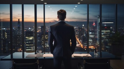 business man, back view, in the office, skyline view - obrazy, fototapety, plakaty