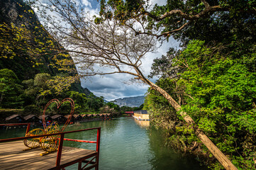 Tha Farang, a tourist attraction for swimming, eating, and relaxing surrounded by limestone mountains, is in Thakhek, Khammouane Province, Laos, 28 October 2023.