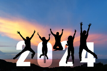 Silhouette happy business teamwork jumping congratulation and celebrate in Happy New year 2024 for...