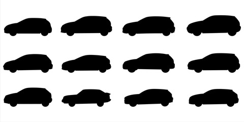 Set with 12 different silhouette types of hatchback cars in vector, side view. Doodle collection.	

