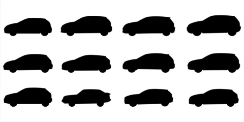 Poster Set with 12 different silhouette types of hatchback cars in vector, side view. Doodle collection.   © Anton Baranovskyi