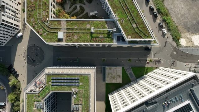 sunny day stuttgart city center modern district rooftop aerial topdown panorama 4k germany