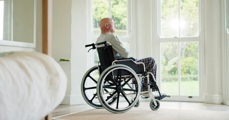 Elderly man, thinking and wheelchair by window with memory, idea or nostalgia in bedroom. Senior person with a disability and mental health for perspective, reflection or future in nursing home - Powered by Adobe