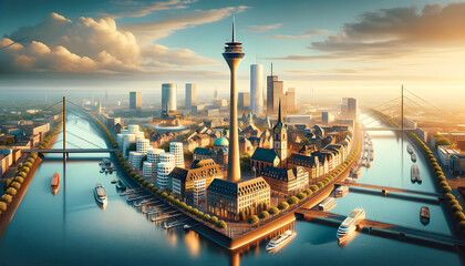 Düsseldorf - AI generated photorealistic image that represent the 10 most iconic associations with Dusseldorf. Business card of Dusseldorf, promo - obrazy, fototapety, plakaty