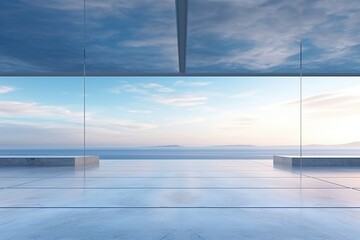Seascape of Urban Calm: An Empty Concrete Structure in Panoramic Style, with Light Indigo and Bronze Tones - An Ethereal Gaze into Serenity and Architectural Beauty