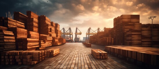 The business ships timber products from the warehouse through a logistics and packaging process to ensure safe delivery to customers in the industrial and shipping industry utilizing a port - obrazy, fototapety, plakaty