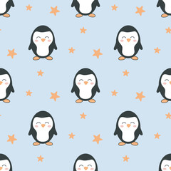 Cute penguins and stars seamless pattern. Winter kid background with arctic birds. Baby penguins print for baby textiles, paper, packaging, wallpaper and design, vector illustration