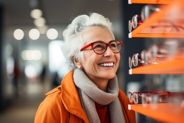 Happy senior lady choosing prescription glasses - obrazy, fototapety, plakaty