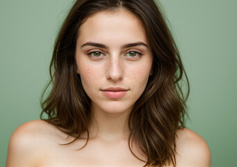 Close-up portrait of a brunette woman on green backplate