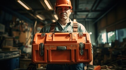 Repairman holding a toolbox and hard hat