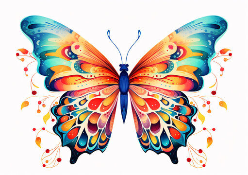 Colorful butterflies watercolor isolated on white background. Pink, green, brown, yellow butterfly.