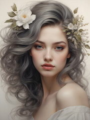 thin line drawing sketch of a beautiful woman with flowers in her hair