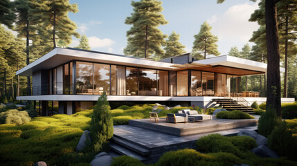 Fototapeta na wymiar Beautiful private house in deep green forest. Ecological residence concept