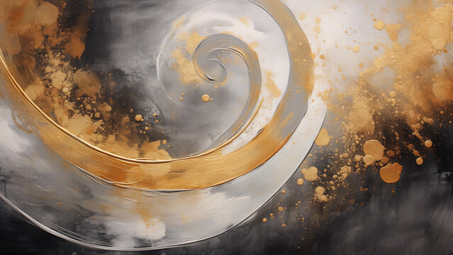 Abstract painting of gold and gray swirls drawn in strip painting technique.
