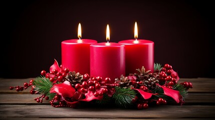Obraz na płótnie Canvas Advent Wreath Candles Lit Christmas Decoration with Copy Space Festive Symbol