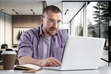 Young businessman using a computer in office, AI generated image