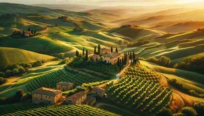 Fototapeta premium panoramic image of the lush, rolling hills of the Tuscan countryside at sunset