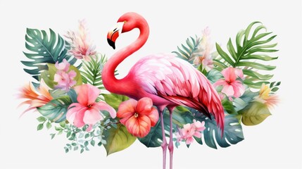 pink flamingo with tropical flowers and leaves detail.Generative AI