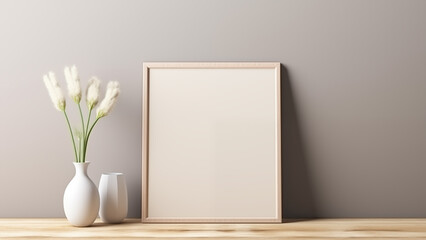 A neatly styled framed canvas and flower pot placed in front of a beige wall.