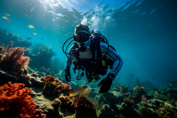 Naklejka na ściany i meble Exploring Tropical Ocean Coral Reefs: Scuba Diving Adventures in Caribbean, Fiji, and Maldives. Underwater Wonders
