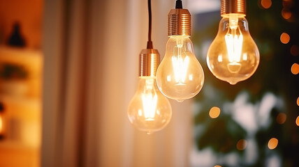 Glowing Edison light bulb lamps hanging in a living room. Warm light cozy atmosphere. Interior decor concept - Powered by Adobe