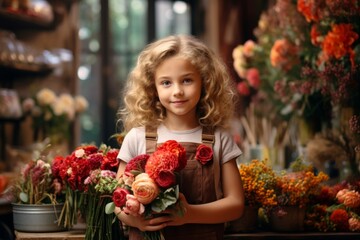 happy girl florist in flower shop