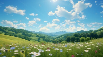 Fototapeta na wymiar A field of wildflowers swaying gently in a summer breeze, a backdrop of rolling green hills under a wide blue sky. --