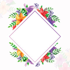 Greeting or Invitation Card with watercolor flowers and blank square shaped frame for your message.
