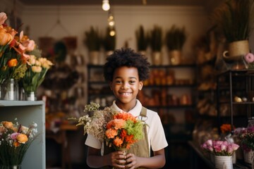 happy african american boy florist in flower shop
