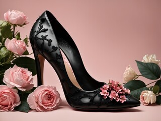 an elegant black high-heeled shoe adorned with delicate pink flowers