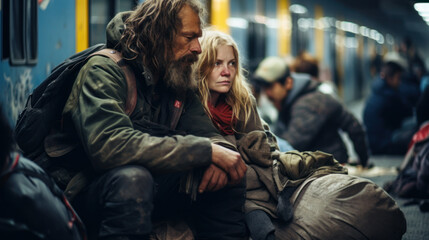 Homeless people. A group of homeless people on the streets light a fire and warm themselves. The importance of helping the homeless, showing support, kindness. - obrazy, fototapety, plakaty