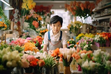happy asian boy florist in flower shop