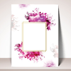 Elegant Greeting Card or Invitation Card template with pink watercolor flowers and leaves decoration.